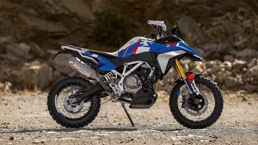 BMW F450 GS off-roading in Indian trails showing suspension and tech